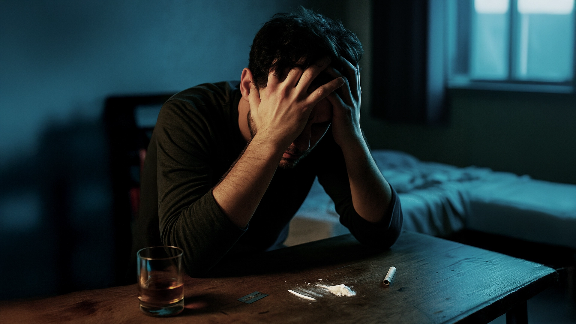Una fotografía en plano medio que muestra a un hombre joven sentado frente a una mesa de madera en una habitación tenuemente iluminada con tonos azulados. El hombre tiene la cabeza apoyada entre sus manos, cubriendo gran parte de su rostro en un gesto de profunda desesperación, fatiga o conflicto interno. Sobre la mesa se distinguen claramente los elementos asociados al consumo: varias líneas de un polvo blanco, una pequeña cuchilla, un billete enrollado y un vaso con una bebida alcohólica de color ámbar. Al fondo, una cama desordenada refuerza la atmósfera de abandono y soledad en el contexto terapéutico de Bella Mar.